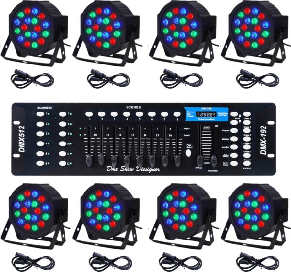 Luces LED de escenario DMX, 8 unidades de 18 x 3 W RGB Par Can Paquete de luces con control remoto activado por sonido Iluminación de efecto de escenario,